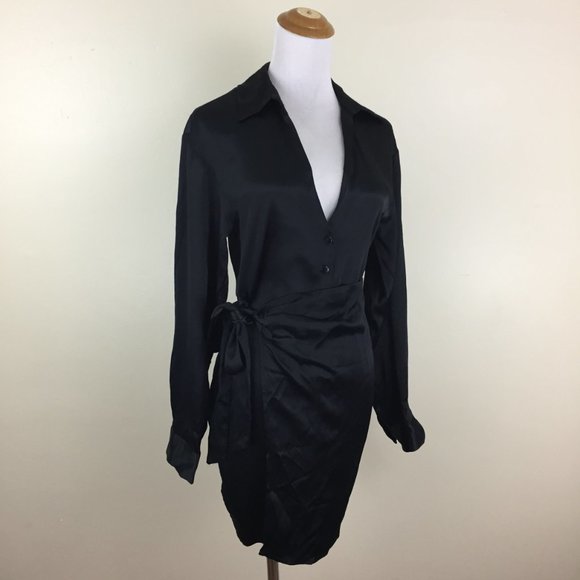 NWT ZARA Long Sleeve Black Satin Button Collared Flap Tie Overlay Front Dress - Picture 4 of 14